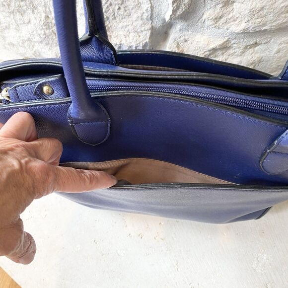 London Fog Royal Blue Faux Leather Double Handle Shoulder Bag Lined‎ - Picture 3 of 9